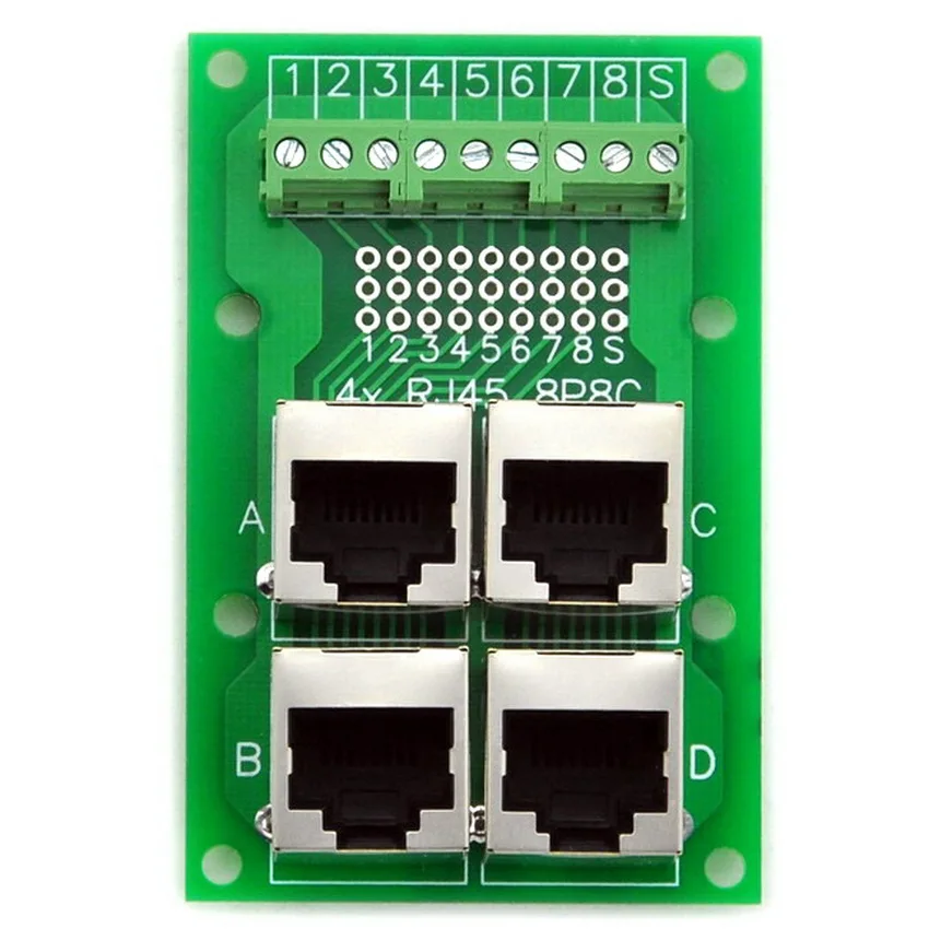 

RJ45 8P8C Jack 4-Way Buss Breakout Board, Terminal Block, Connector.