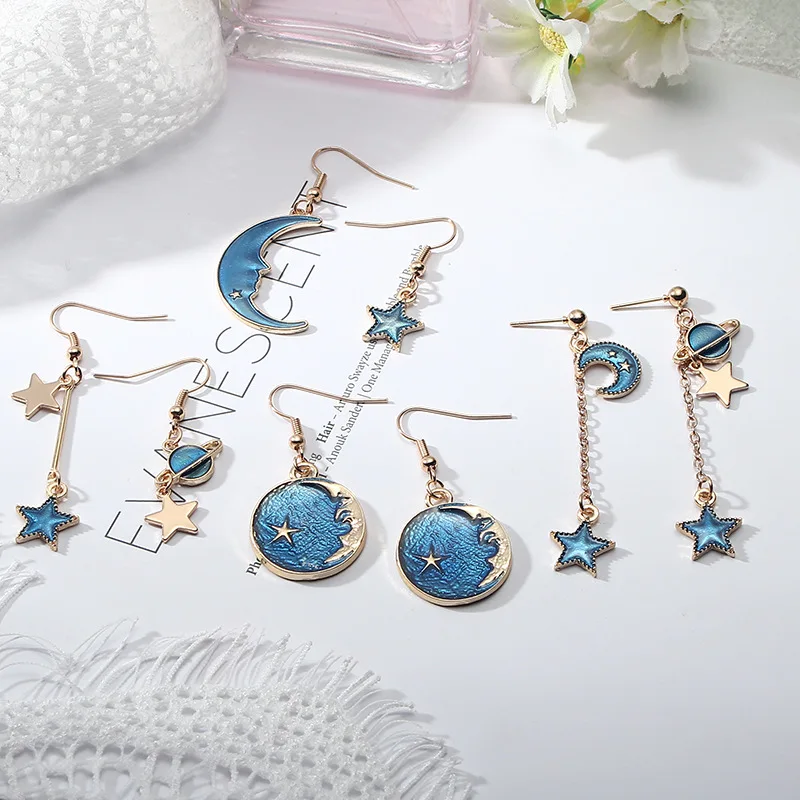 Blue Space Universe Moon Star Earrings - Image 2