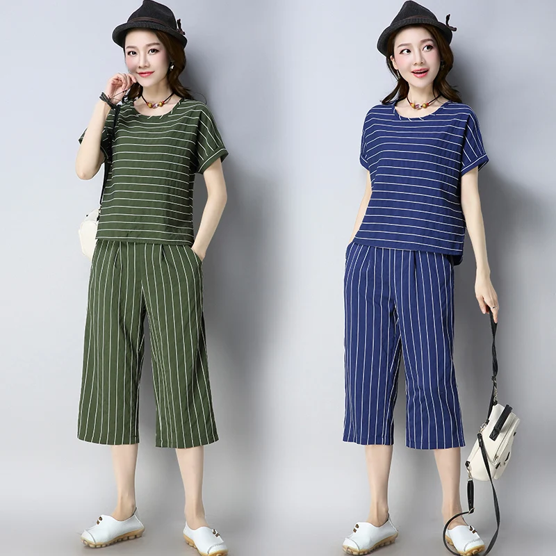 new summer 2018 lady wear cotton and linen women leisure striped suit loose of short sleeves capris wide-legged pants casual kit