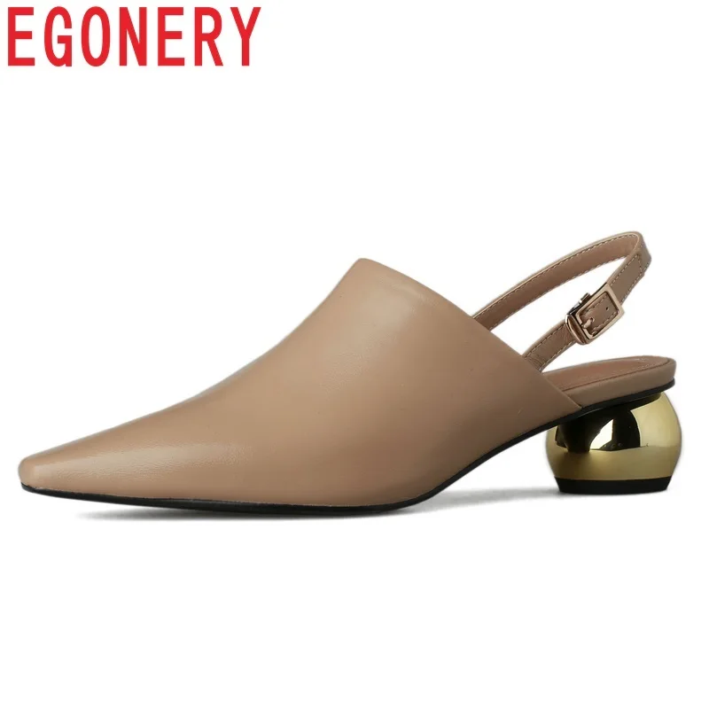

EGONERY shoes woman spring new fashion square toe buckle woman pumps outside med strange style metal decoration ladies shoes