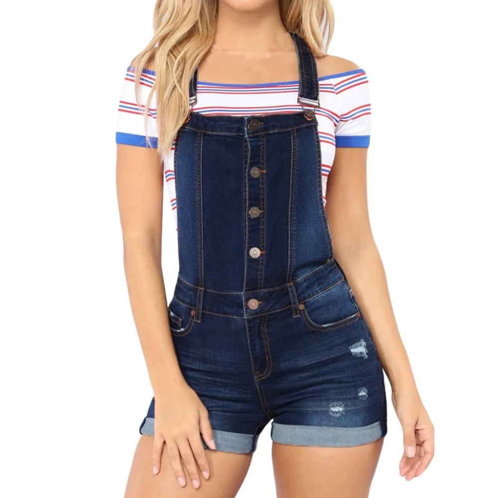 

Women's Fashion Casual Denim Jumpsuit Blue Button Camisole Patchwork Solid High Waist Short Jumpsuits romper women Summer*XSL