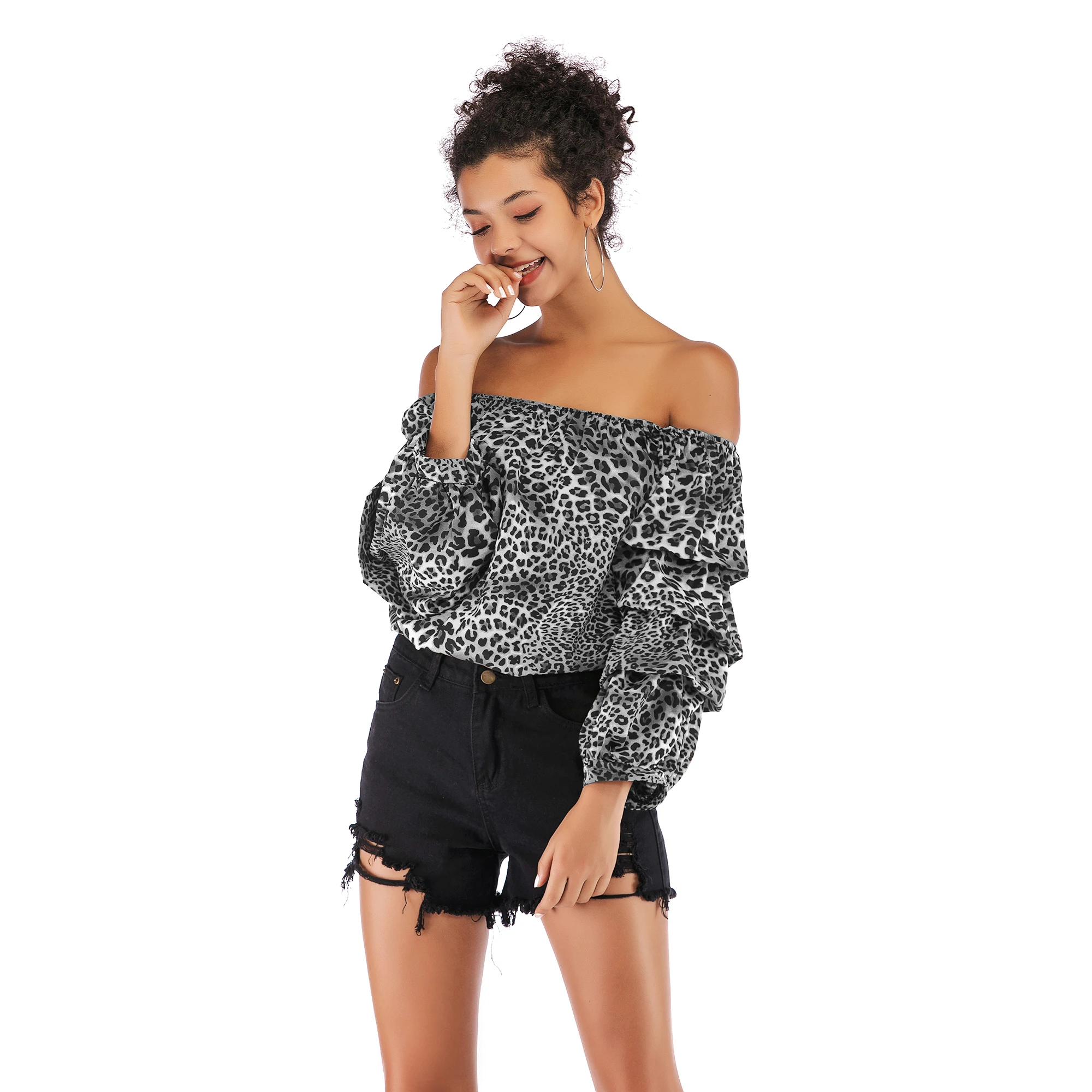 VZFF 2019 spring women's one-piece collar off-the-shoulder tube top chiffon shirt printing pile of sleeves shirt women