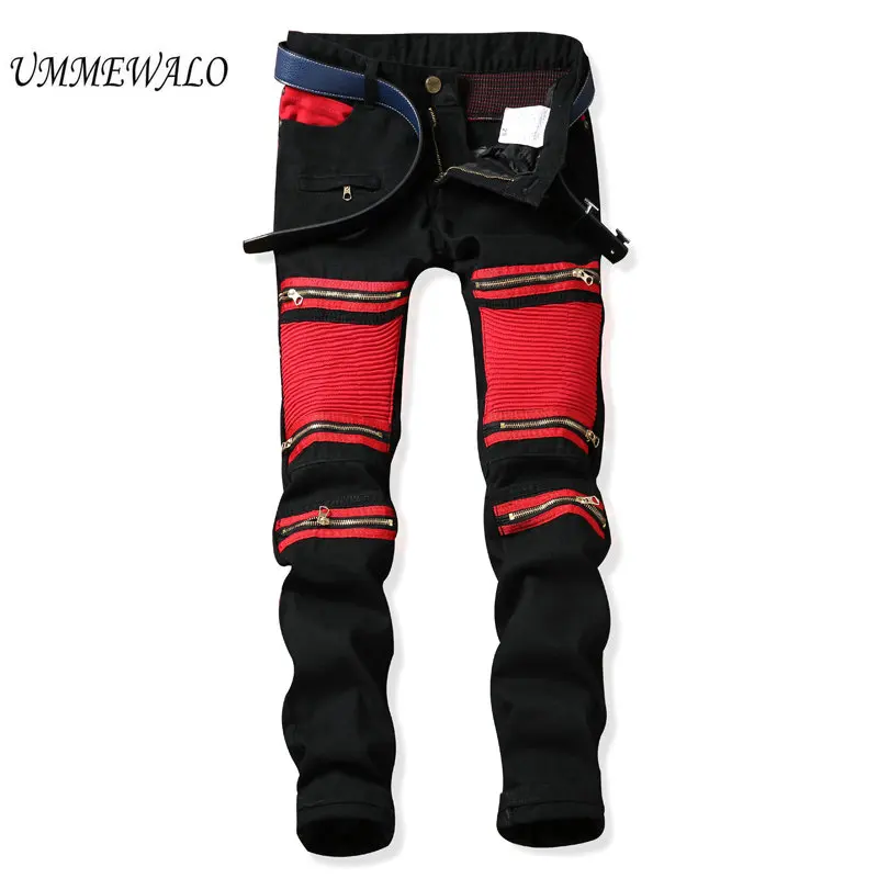 UMMEWALO Black Biker Jeans Men Denim Skinny Jeans Male Fashion Knee Zippers Patchwork Jean Brand Designer Slim Moto Jeans Hombre