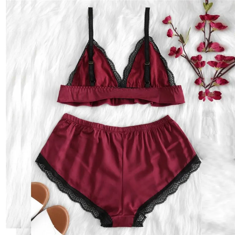 2PC Women Satin Sexy Lingerie Girl Lace Splice Bodysuit Sleepwear Bodydoll Pour Femmes Sujetadores Para Mujeres D4