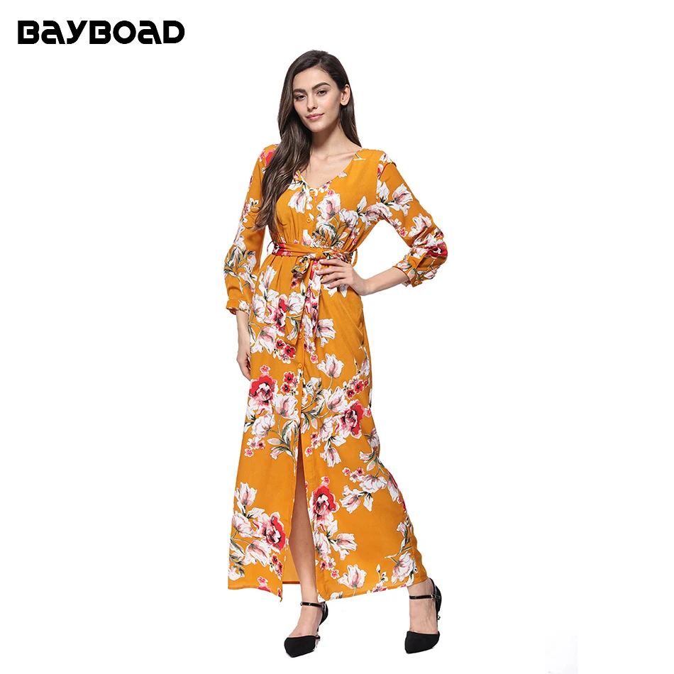 

Bayboad Autumn Fashion Boho Side Split Floral Print Elegant Flowy Holiday Casual V-neck Long Party Maxi Dress Women with Button
