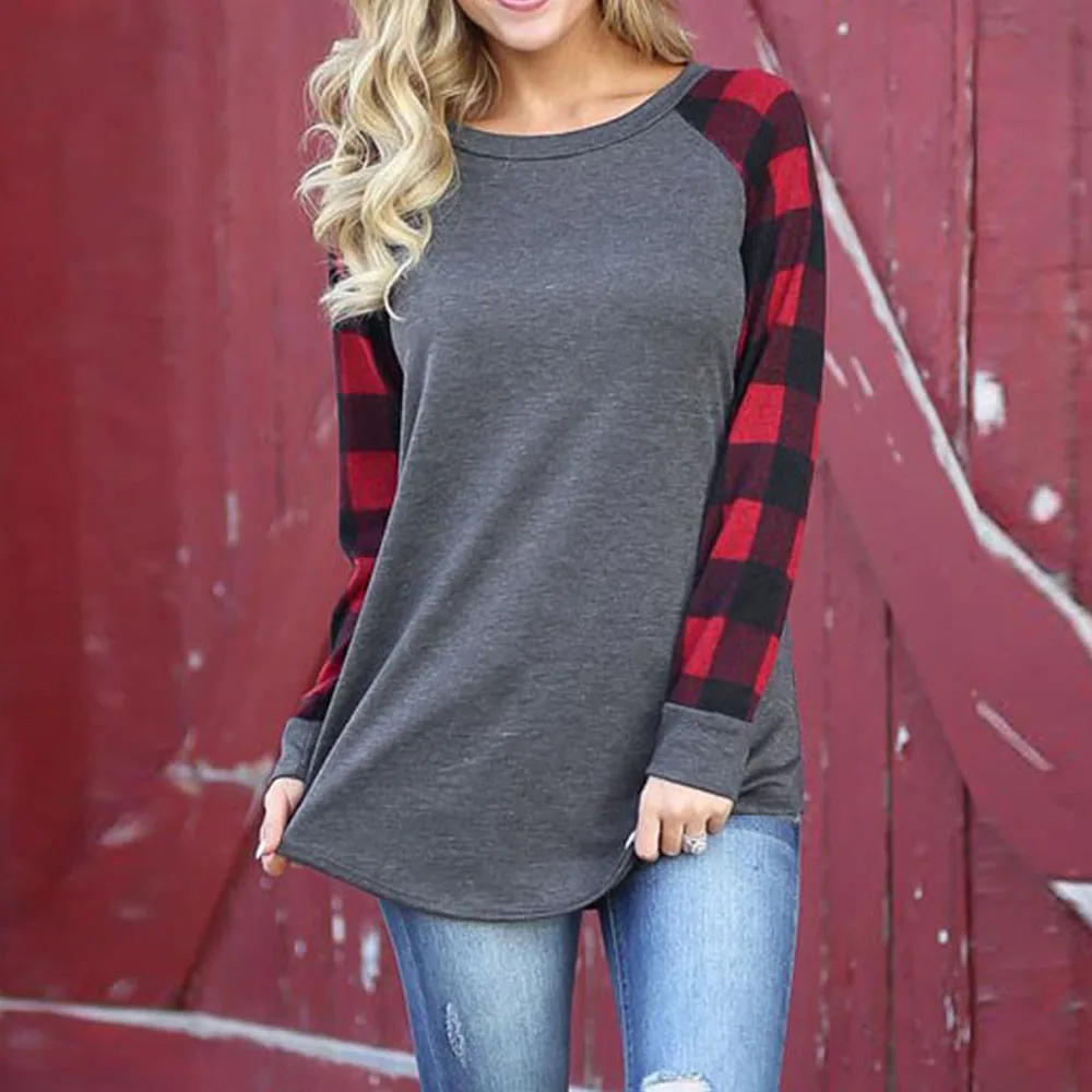 Mujeres o-cuello rojo y negro Plaid Patchwork manga Gary blusa manga larga sudadera Pullover Tops blusa camisa Ropa Mujer SY9 Mujeres o-cuello rojo y negro Plaid Patchwork manga Gary blusa manga larga sudadera Pullover Tops blusa camisa Ropa Mujer SY9