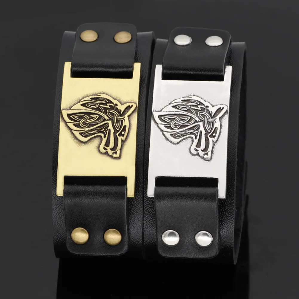 

Men viking wolf head leather amulet bracelet jewlery -fit 20CM- 25CM