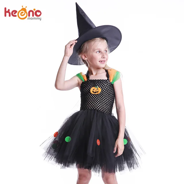 Disfraz de bruja para Halloween, tutú negro de lunares y calabaza para niña Disfraz de bruja para Halloween, tutú negro de lunares y calabaza para niña