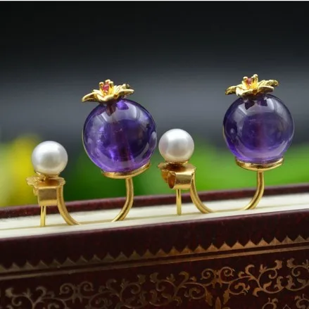 

silver s925silver manual design natural purple semi-precious stone double bead size bead women's pop temperament earrings