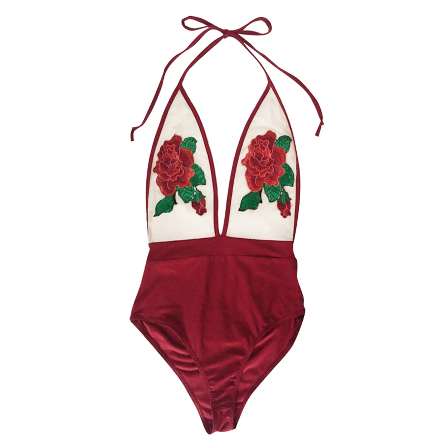 Rose flower embroidery one piece bodysuit Women sexy deep v neck