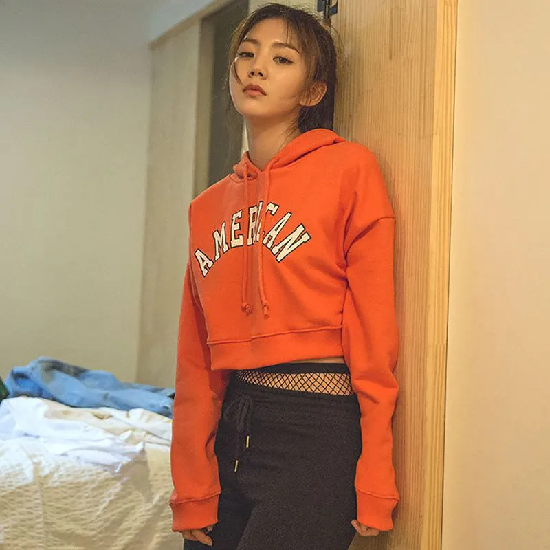 

Female T-shirt Long-sleeved Hip-hop Shirt Korean Version Of The Loose Plus Size Leaking Navel Short Hooded Sweater Orange Red