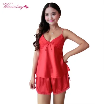 

2pcs Spaghetti Strap V-Neck Women Nightgowns Sexy Satin Lace Pajamas Set Women Robe Shorts Babydoll Sleepwear Nightwear New