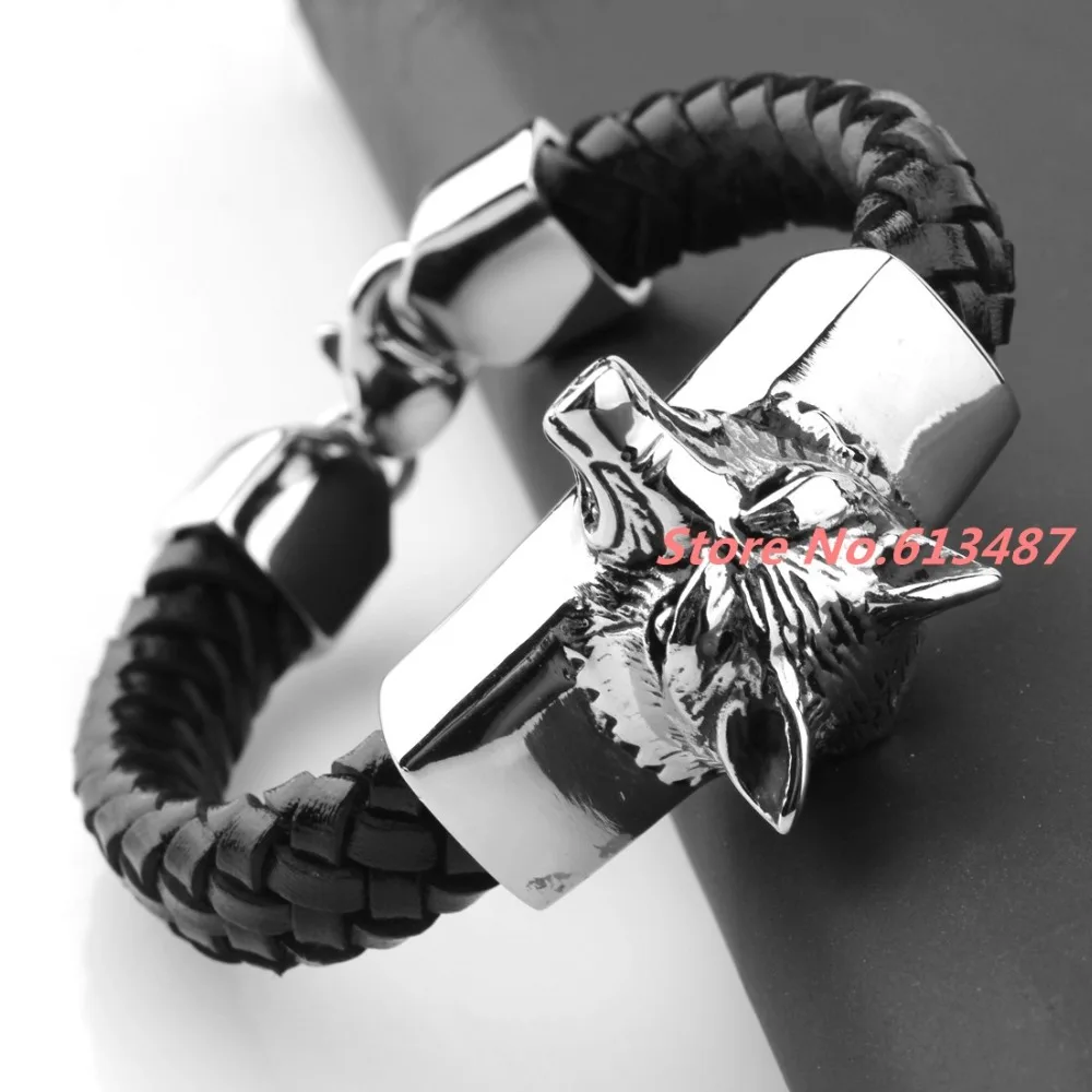 8,2"* 15 мм 57 г Топ Дизайн 316L нержавеющая сталь серебро голова Волка Байкер ювелирные изделия черный натуральная кожа мужской мальчик браслет