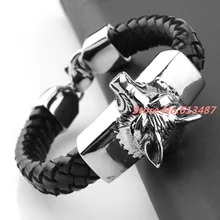 8,2"* 15 мм 57 г Топ Дизайн 316L нержавеющая сталь серебро голова Волка Байкер ювелирные изделия черный натуральная кожа мужской мальчик браслет