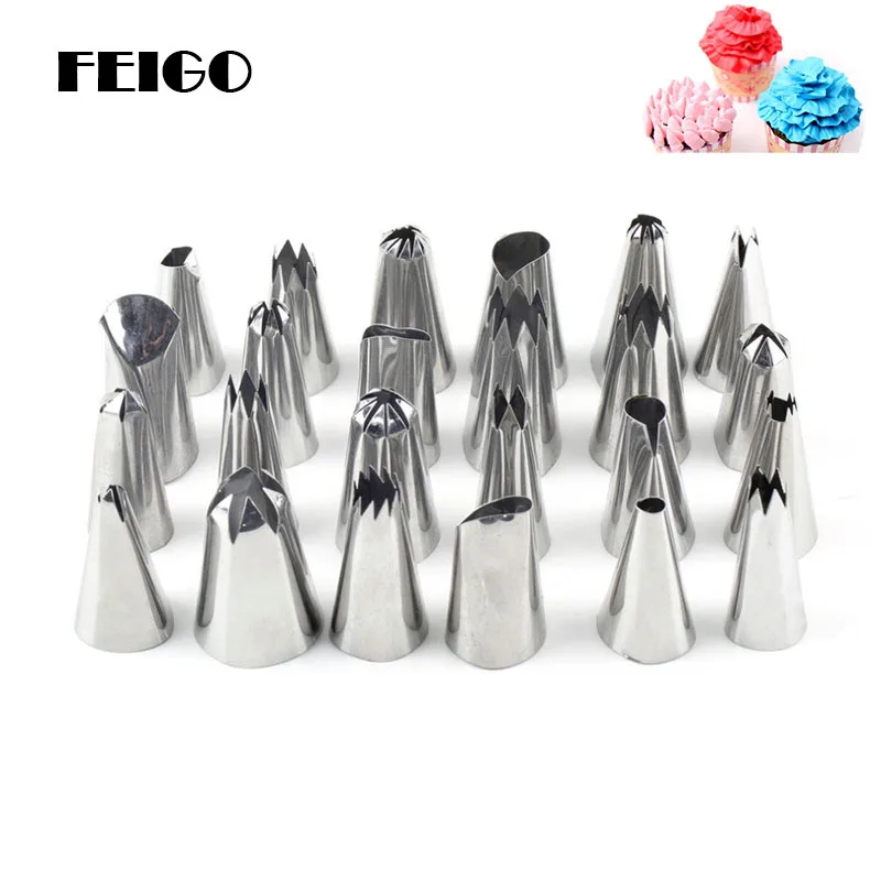 FEIGO DIY Cake Decorating Nozzles 24pcs/Sets Stainless Steel Icing Piping Nozzles Cupcake Bakery Pastry Cake Tools With Box F162