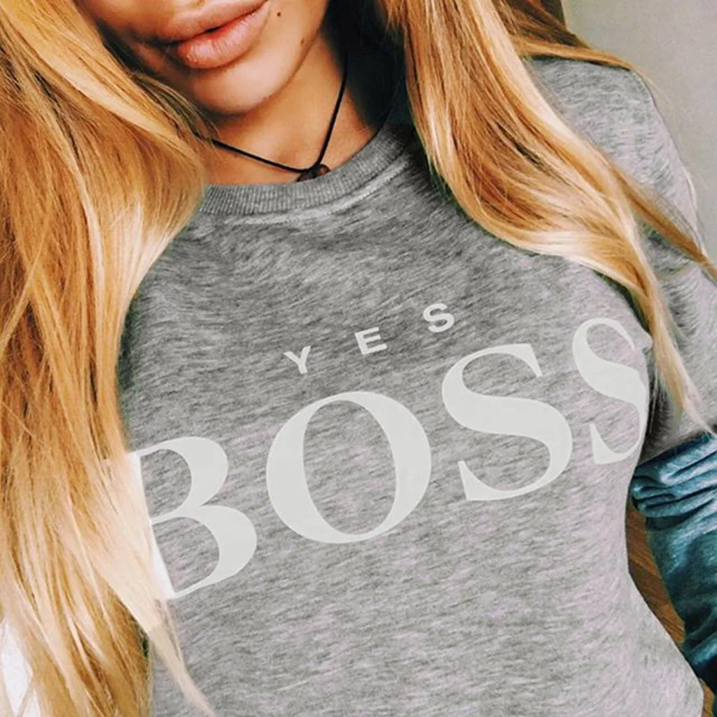 Women Sweatshirt Women Fall Yes Boss Letter Printed Hoodie Sweatshirt Ladies Long Sleeve Pullover Jumper Sudadera Mujer