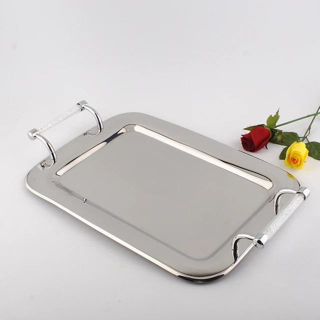1 Stainless Steel Serving Tray with Crystal Handle Fruit Plate Metal