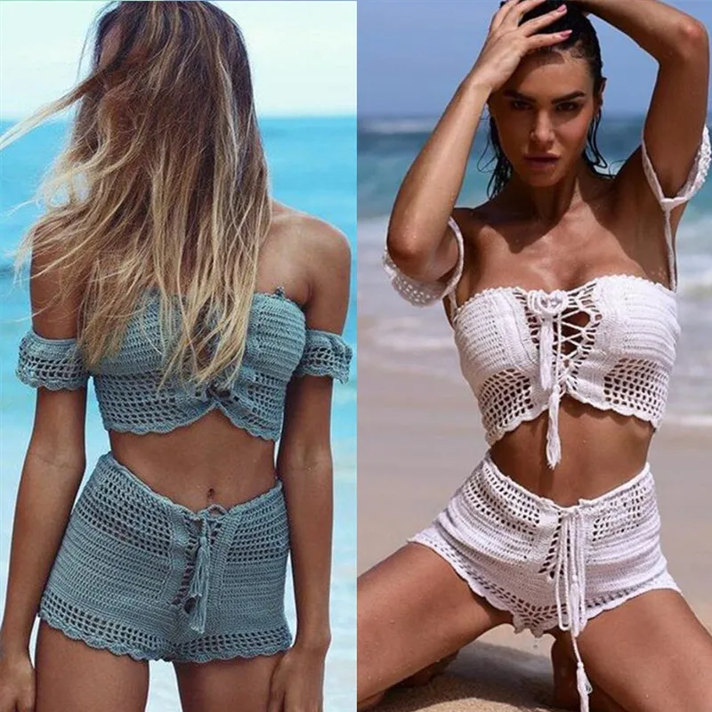  6 Color Fashion Beach Bikini Set Knitting Swimsuit Crochet Bohemia Style Off Shoulder Bathing Handm