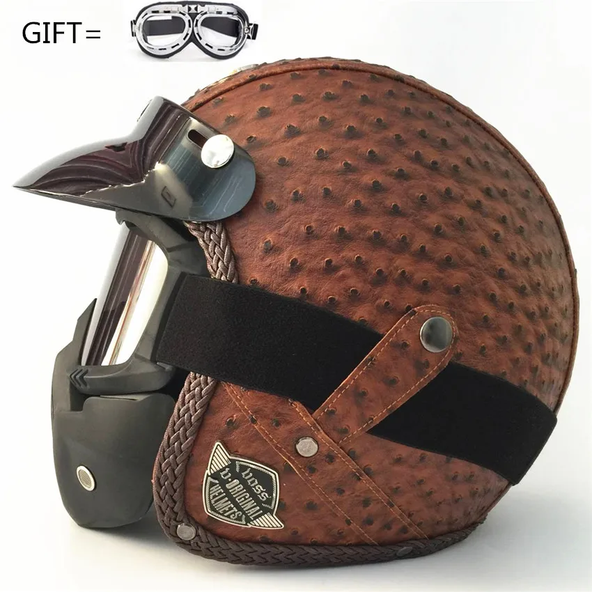 Винтажный дизайн, черный, коричневый мотоциклетный шлем на половину лица с очками, Ретро стиль, из искусственной кожи, с открытым лицом, Круизер, скутер, шлем - Цвет: pineapple leather