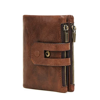 

Luxury Leather Wallets Men RFID Anti-theft Double Zipper Coin Pocket Vintage Genuine Leather Business Bifold Wallet Short Purse
