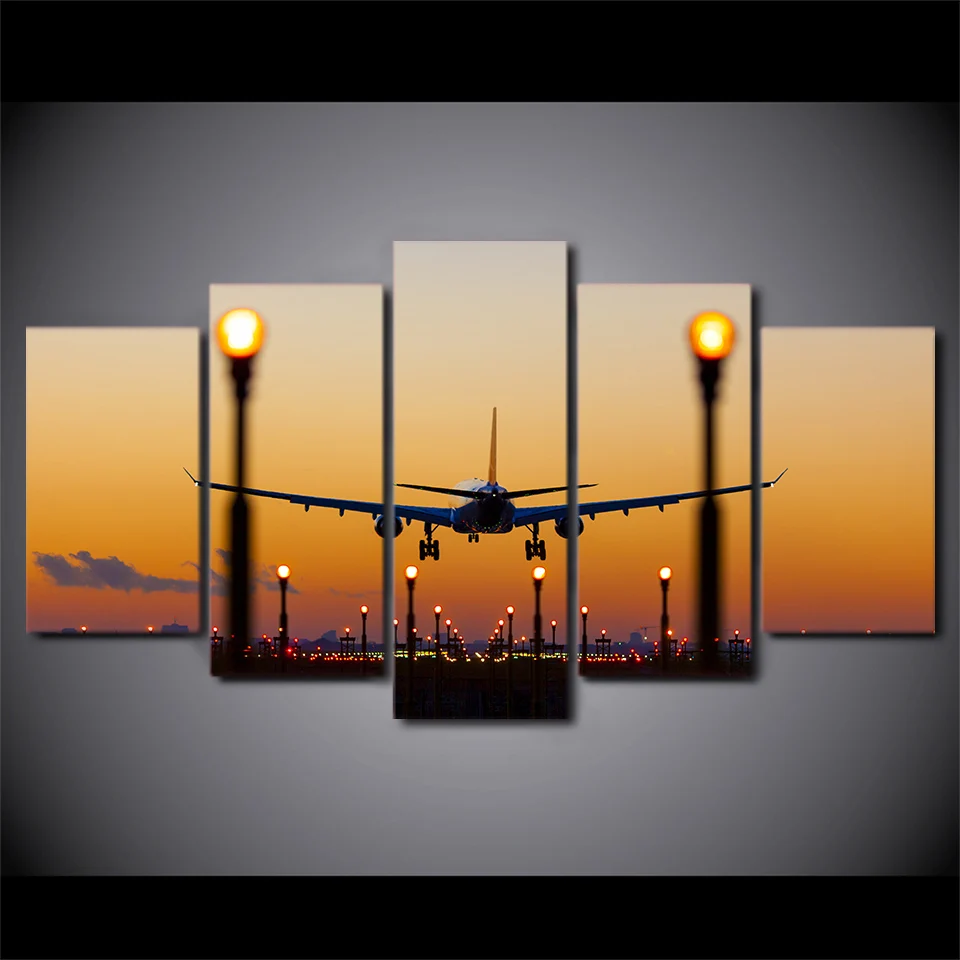 Buy 5 Panel HD Printed Airplane Landing Sunset Wall