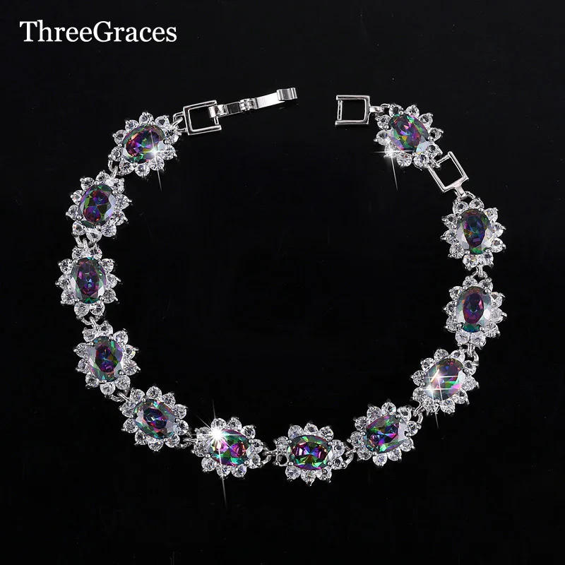 

ThreeGraces Brand Hot Sale Natural Mystic Rainbow Crystal Bracelet Tennis Link 925 Sterling Silver Fashion Women Jewelry BR030