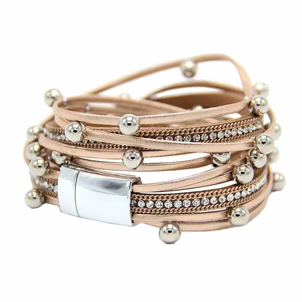 

Multi Layer Beaded Rhinestone Faux Leather Rope Women Magnet Button Bracelet trendy