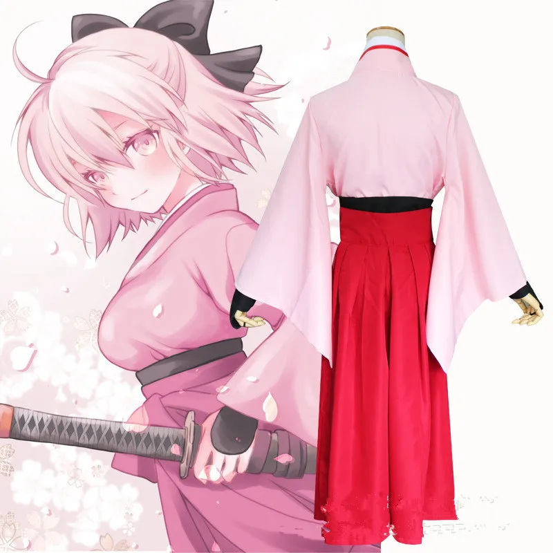 Fate/Grand Order Saber карнавальный костюм Okita Суджи парик розовое кимоно Аниме Костюм