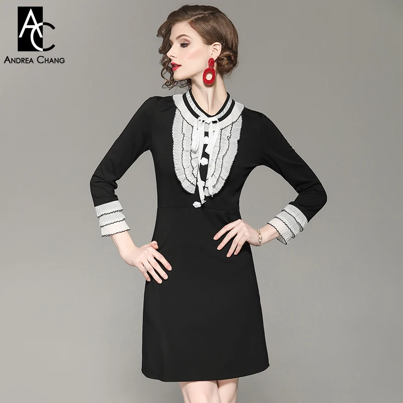 

autumn spring woman dress white ruffled cuff chest black patchwork dress collar bow a-line above knee fashion vintage cute dress