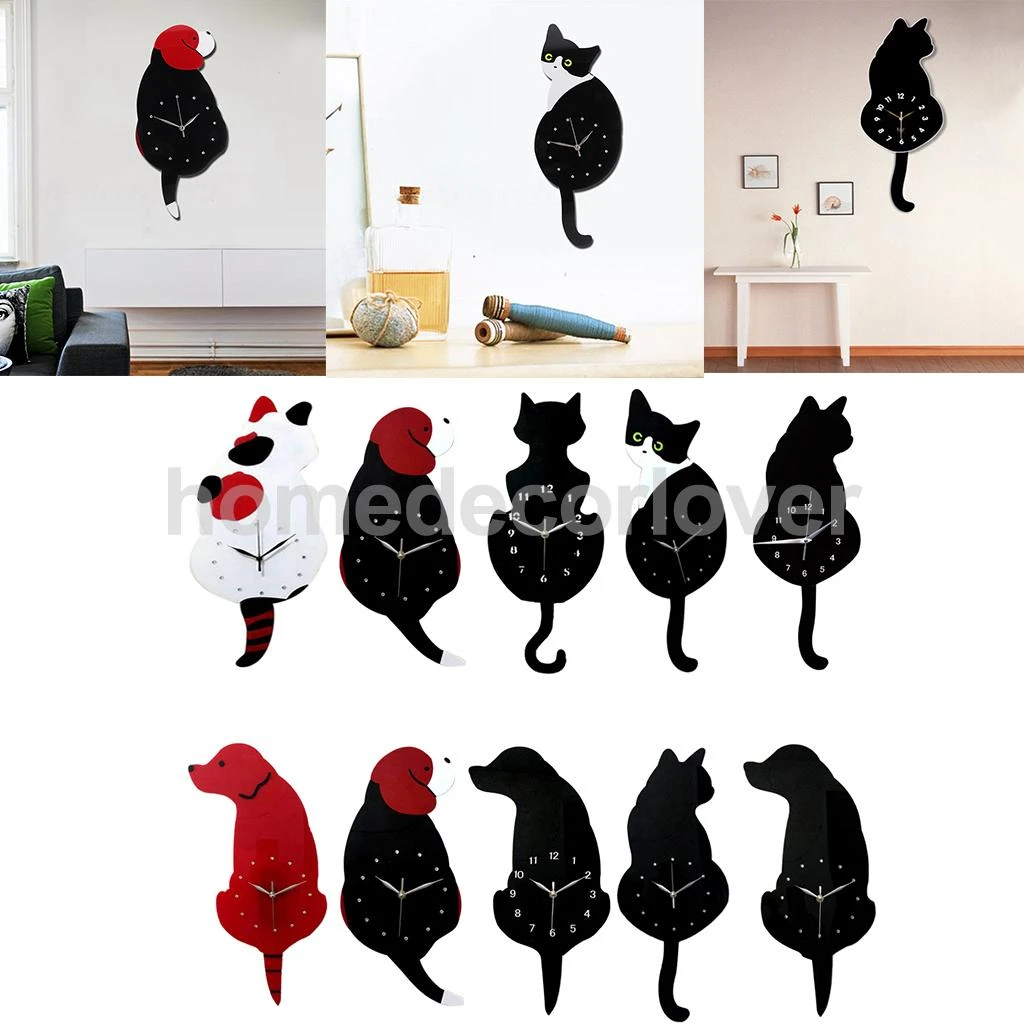 クリエイティブアクリル猫犬壁時計テールwagスイング振り子時計家の装飾子供学生ギフト Wall Clocks Aliexpress