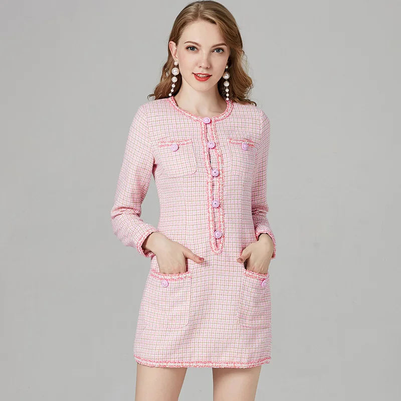 

Gulinazar's New Pink Fragrant Tweed Dress of The Same Style In Early Spring of 2019 Fashion Winter Dresses Women A-Line Plaid