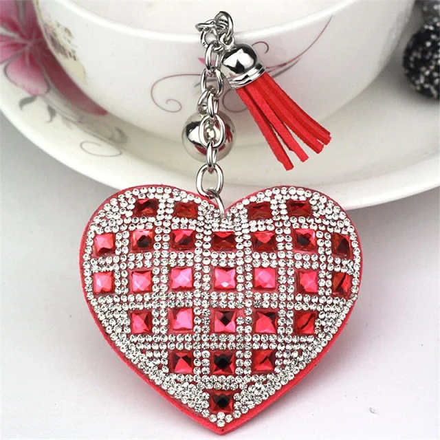 Fashion Keychain Heart Shape Female Full Glass Beads Key Covers Mosaic Leather Fringed Key Chain Car Ring Cap Gift - Color: 5