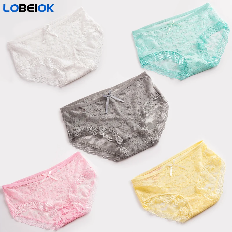 LOBEIOK 5 PCS/ lot women or girl Sexy Full Lace Panties Mid-Rise pants shorts lingerie underwear Transparent Floral Soft Briefs