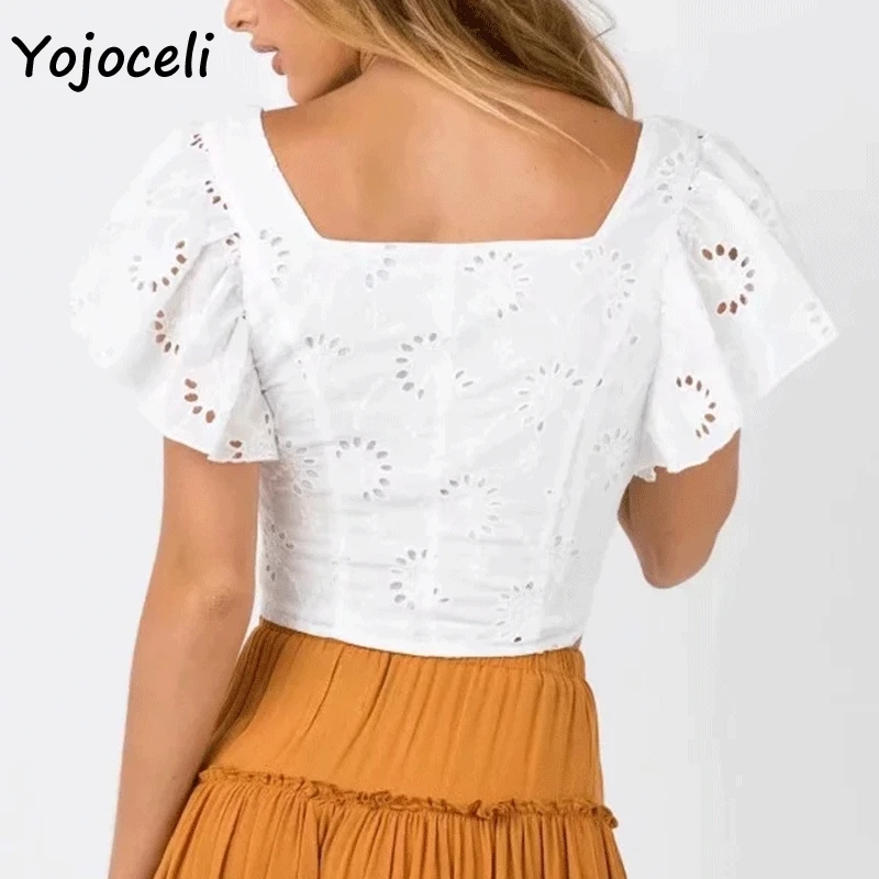 Yojoceli Лето 2019 г. рюшами рукавом Хлопок Вышивка блузки рубашки топы для женщин