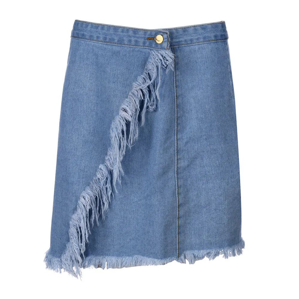 KLV лето для женщин ковбой мини Высокая талия однотонные короткие пикантные карманы синие джинсовые юбки 5,7