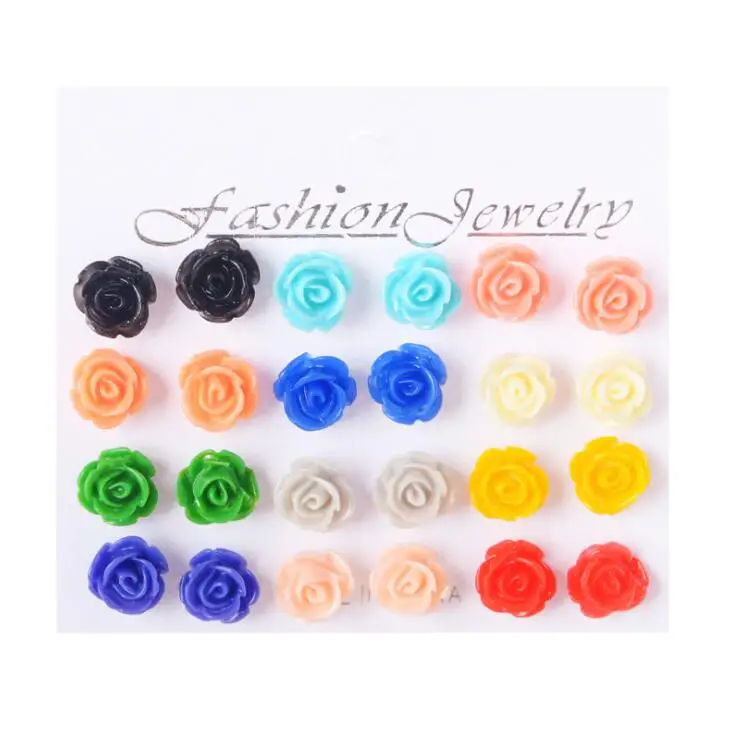 Высокое качество, 12 пар, серьги-гвоздики в виде цветка розы для женщин, вечерние, розовые, синие, полимерная серьга, романтическая, бохо, модное ювелирное изделие