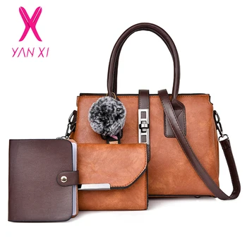 

YANXI Fashion 3pc Set Handbags Women Leather Tote Bags Women Messenger Bag with Purse Female Shoulder Bags Big Capacity Sac