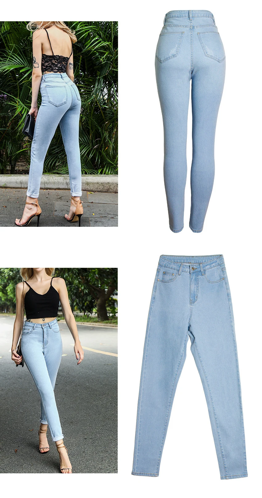 European and American autumn women's wear high waist slender stretch jeans pants pure color wash slim jeans (5)