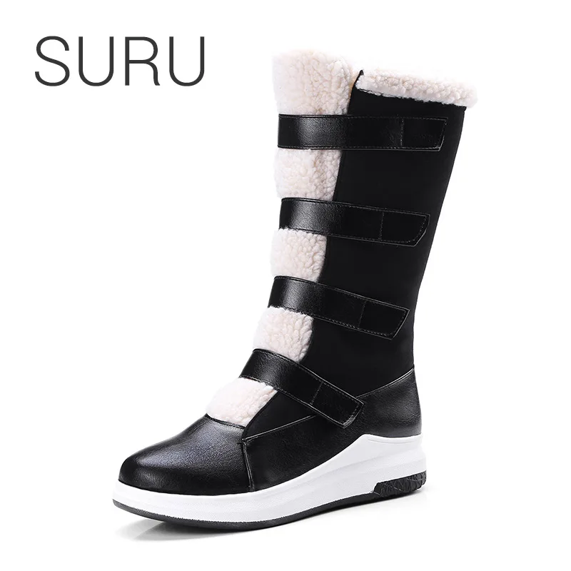 

SURU Women Winter Snow Boots Shoes Calf-length Plush-lined Warm Plush Boots With Flats Plus Size 32-43