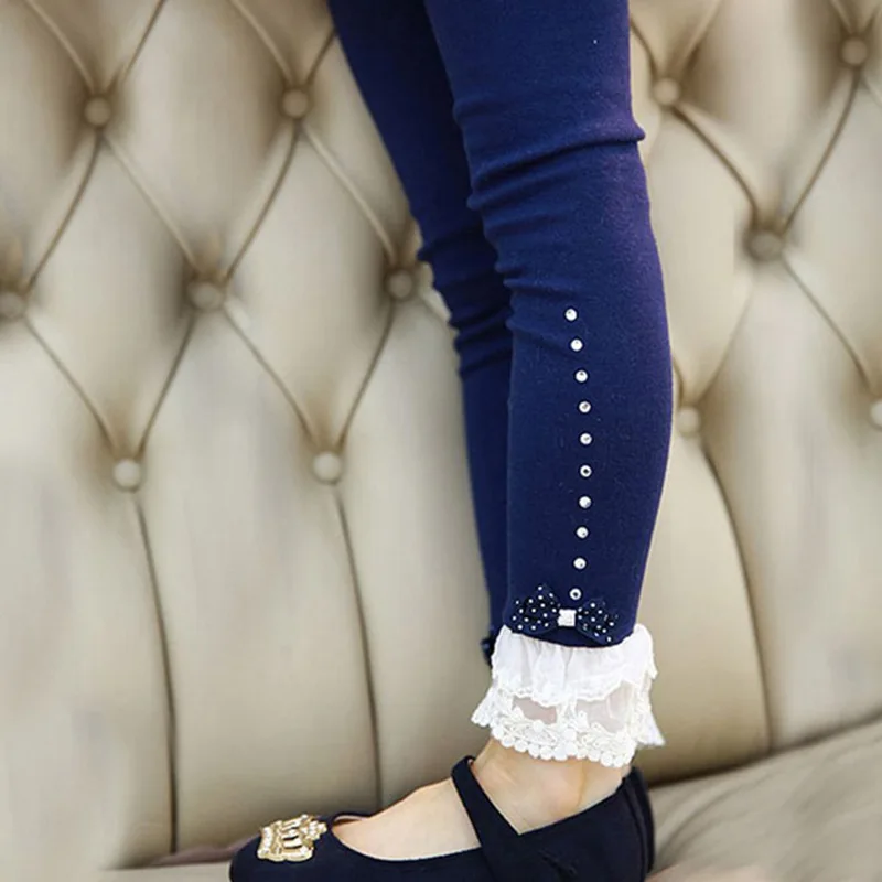 

Ruffle Rhinestone Leggings Lace Heart Princess Pants Cotton Warm Autumn Spring Leggings For Girls Skinny Kids Trousers