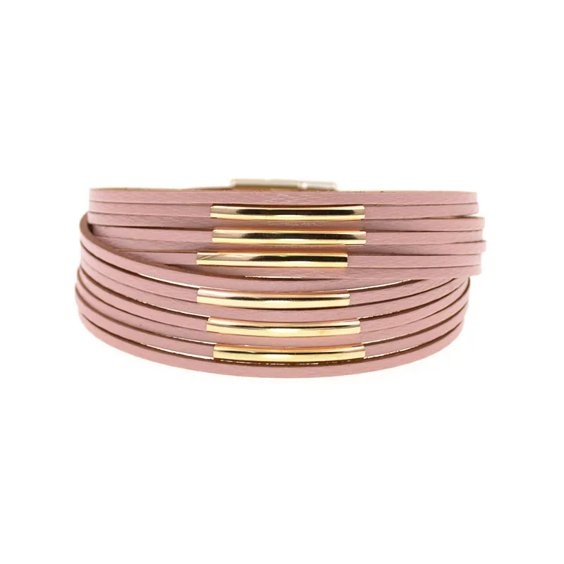 WELLMORE 10 Colors Fashion copper pipe charm Leather Bracelets For Women Men's wrap Bracelets Couples fashion Jewelry wholesale - Окраска металла: pink