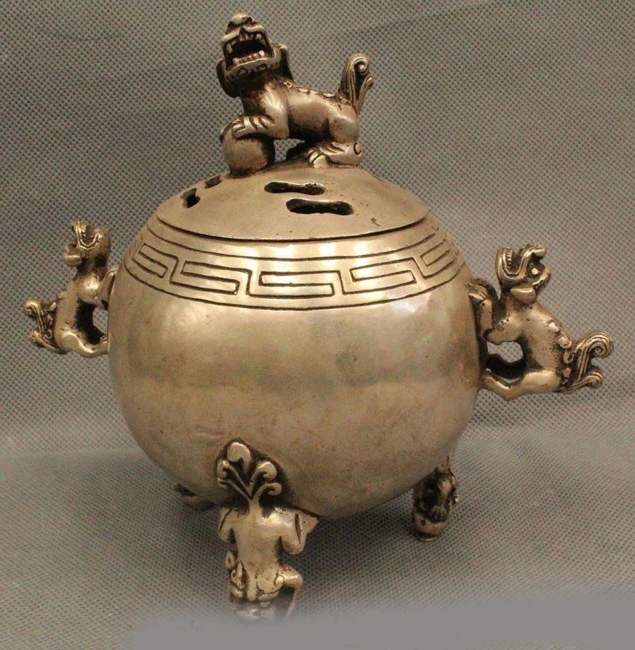 

10"Marked Chinese China Palace Silver Foo Fu Dog Play Ball Incense Burner Censer