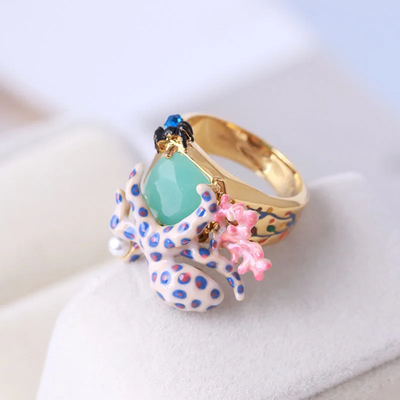 Marine Life Series Pearl Octopus Gem Rings For Women Enamel Glaze Luxury Rings Party Jewelry