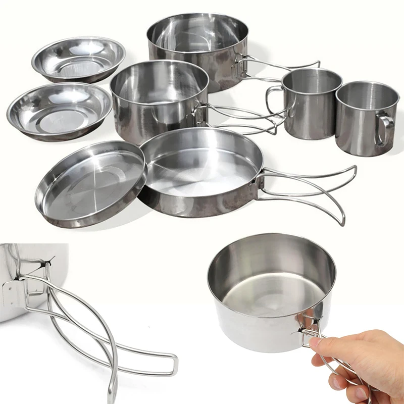 8 unids/set Acero inoxidable portátil al aire libre Picnic Pot Pan Kit Camping mochilero utensilios para senderismo Camping viajes