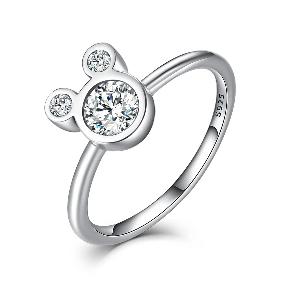 Настоящее серебро 925 пробы, ослепительные женские кольца с мышкой Микки Мауса для женщин, ювелирные изделия для свадьбы, помолвки, S925 ECR032