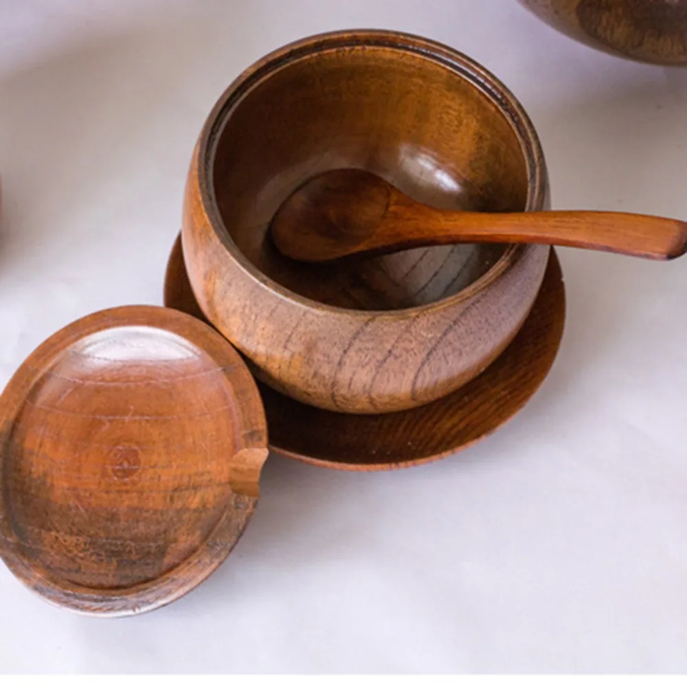 

2019 New Style Spice Jar Seasoning Sugar Bowl With Lid Spoon Wood Spice Box Kitchen Tool Salt Storage Box Kitchen Sugar Pot