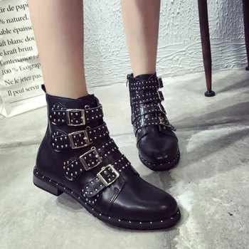 

Fashion Women Studded Ankle Boots Winter PU Leather High Top Flat Brand Casual Shoes Martin Boots Ladies Black Boots