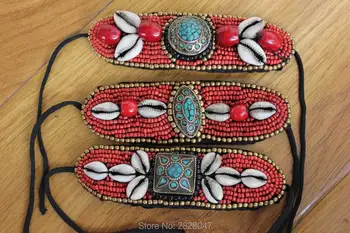 

BR426 Ethnic Tibetan Colorful Stone Belt Women Bracelet Handmade Nepal Multi Mini Red Beads Brass Charm Girls Bangle