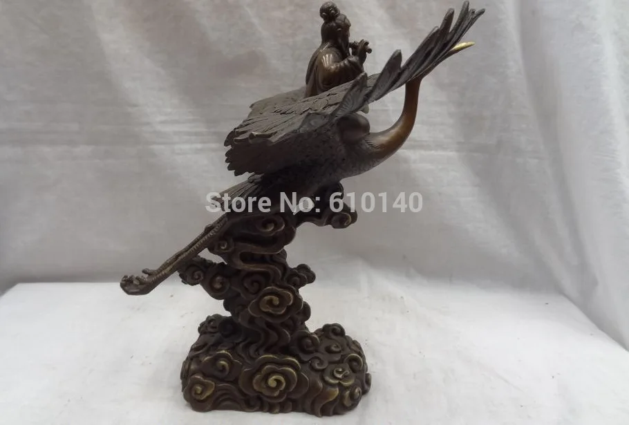 14&quot China Pure Bronze Unhurried Pipe Taoist Priest Ride Fly Crane Cloud Statue | Дом и сад