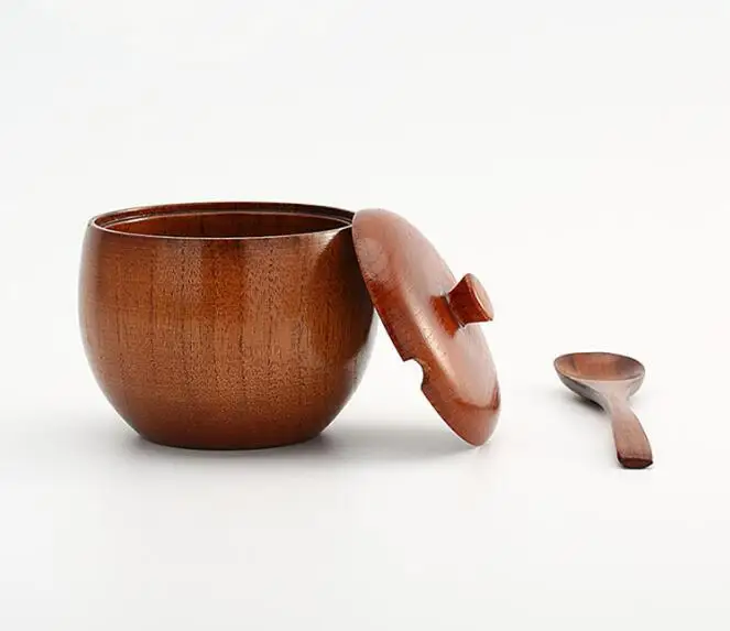 Spice container sugar bowl 1set natural wood spice jar with lid fashion sugar bowl salt spice jar kitchen accessories with wood spoon LC 031